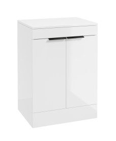 STOCKHOLM Floor Standing 60cm Two Door Countertop Vanity Unit Gloss White - Matt Black Handle