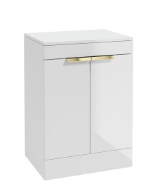 STOCKHOLM Floor Standing 60cm Two Door Countertop Vanity Unit Gloss White - Brushed Gold Handle