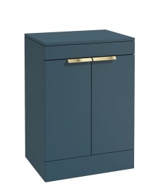 STOCKHOLM Floor Standing 60cm Two Door Countertop Vanity Unit Matt Ocean Blue - Brushed Gold Handle