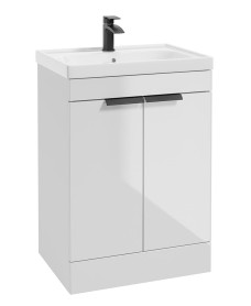 STOCKHOLM Gloss White 60cm 2 Door Floor Standing Vanity Unit - Matt Black Handle