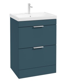 STOCKHOLM Ocean Blue Matt 60cm 2 Drawer Floor Standing Vanity Unit - Brushed Chrome Handle