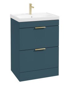 STOCKHOLM Ocean Blue Matt 60cm 2 Drawer Floor Standing Vanity Unit - Brushed Gold Handle