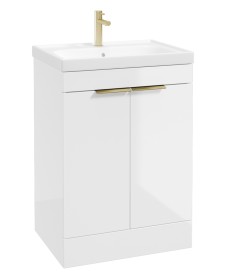 STOCKHOLM Gloss White 60cm 2 Door Floor Standing Vanity Unit - Brushed Gold Handle