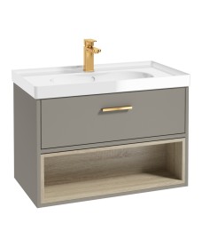 MALMO 80cm Single Drawer - Open Shelf Unit - Khaki - Brushed Gold Handle - Gloss Basin