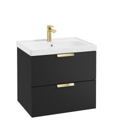 STOCKHOLM 60cm Two Drawer Wall Hung Matt Black Vanity Unit - Brushed Gold Handles