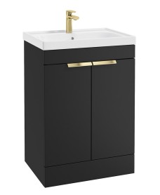 STOCKHOLM 60cm Two Door Floor Standing Matt Black Vanity Unit - Brushed Gold Handles