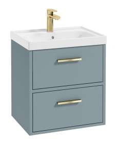 FINLAND 50cm Two Drawer Wall Hung Matt Coral Green Vanity Unit - Brushed Gold Handle