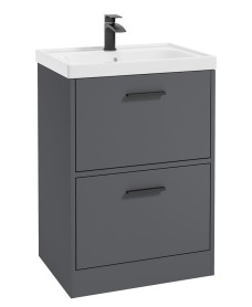 FINLAND 60cm Two Drawer Matt Midnight Grey Floor Standing Vanity Unit - Matt Black Handle