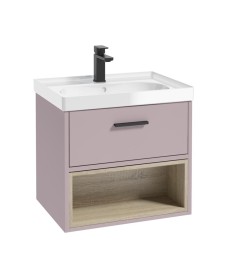 MALMO 60cm Matt Cashmere Pink Single Drawer Vanity Unit Gloss Basin - Matt Black Handle