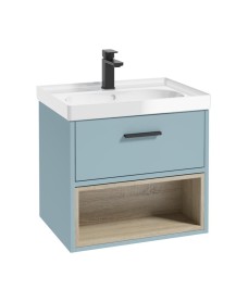 MALMO 60cm Matt Morning Sky Blue Single Drawer Vanity Unit Gloss Basin - Matt Black Handle