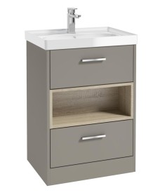 MALMO 60cm Two Drawer Matt Khaki Floor Standing Vanity Unit Gloss Basin- Brushed Chrome Handle