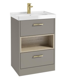 MALMO 60cm Two Drawer Matt Khaki Floor Standing Vanity Unit Gloss Basin- Brushed Gold Handle