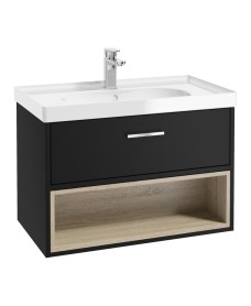 MALMO 80cm Matt Black Single Drawer Vanity Unit Gloss Basin - Brushed Chrome Handles