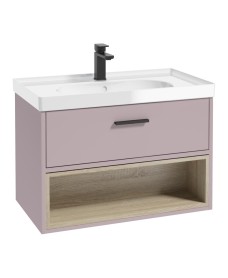 MALMO 80cm Matt Cashmere Pink Single Drawer Vanity Unit Gloss Basin - Matt Black Handles