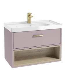 MALMO 80cm Matt Cashmere Pink Single Drawer Vanity Unit Gloss Basin - Brushed Gold Handles