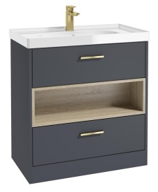 MALMO 80cm Two Drawer Matt Night Sky Blue Floor Standing Vanity Unit Gloss Basin - Brushed Gold Handle