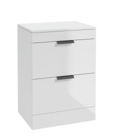 STOCKHOLM 60cm Floor Standing Two Drawer Gloss White  Countertop Vanity Unit - Matt Black Handle