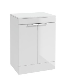 STOCKHOLM 60cm Floor Standing Two Door Gloss White  Countertop Vanity Unit - Brushed Chrome Handle