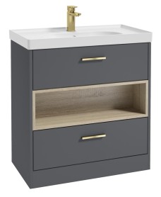 MALMO 80cm Two Drawer Matt Midnight Grey Floor Standing Vanity Unit Matt Basin - Brushed Gold Handle