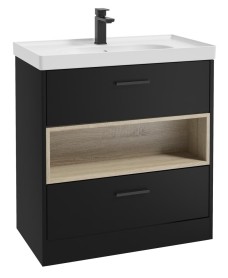 MALMO 80cm Two Drawer Matt Black Floor Standing Vanity Unit Matt Basin - Matt Black Handle